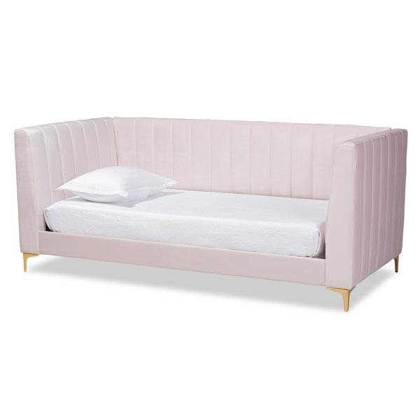 Oksana Modern Contemporary Light Pink Velvet Fabric Upholstered and Gold Finished Twin Size Daybed
