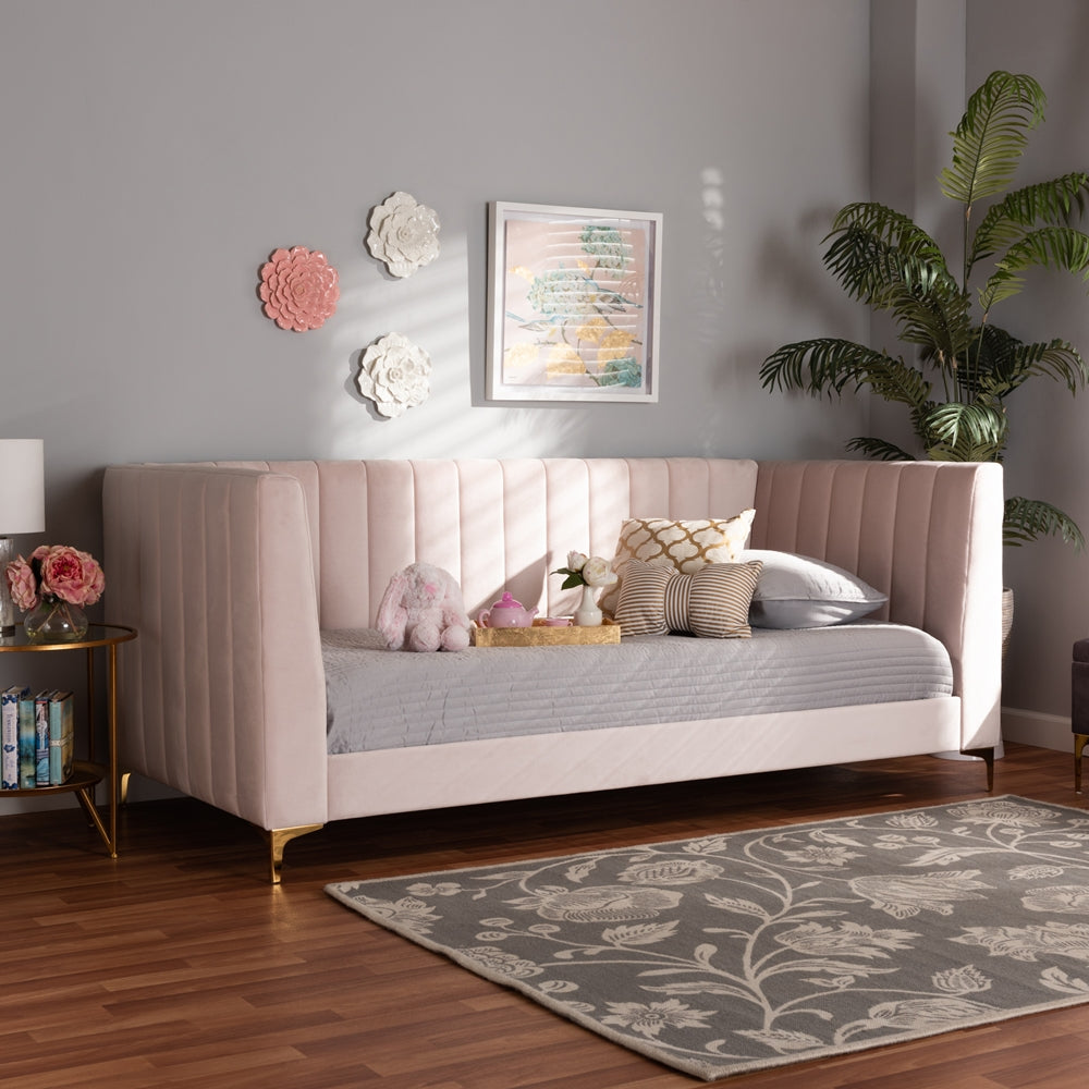 Oksana Modern Contemporary Light Pink Velvet Fabric Upholstered and Gold Finished Twin Size Daybed