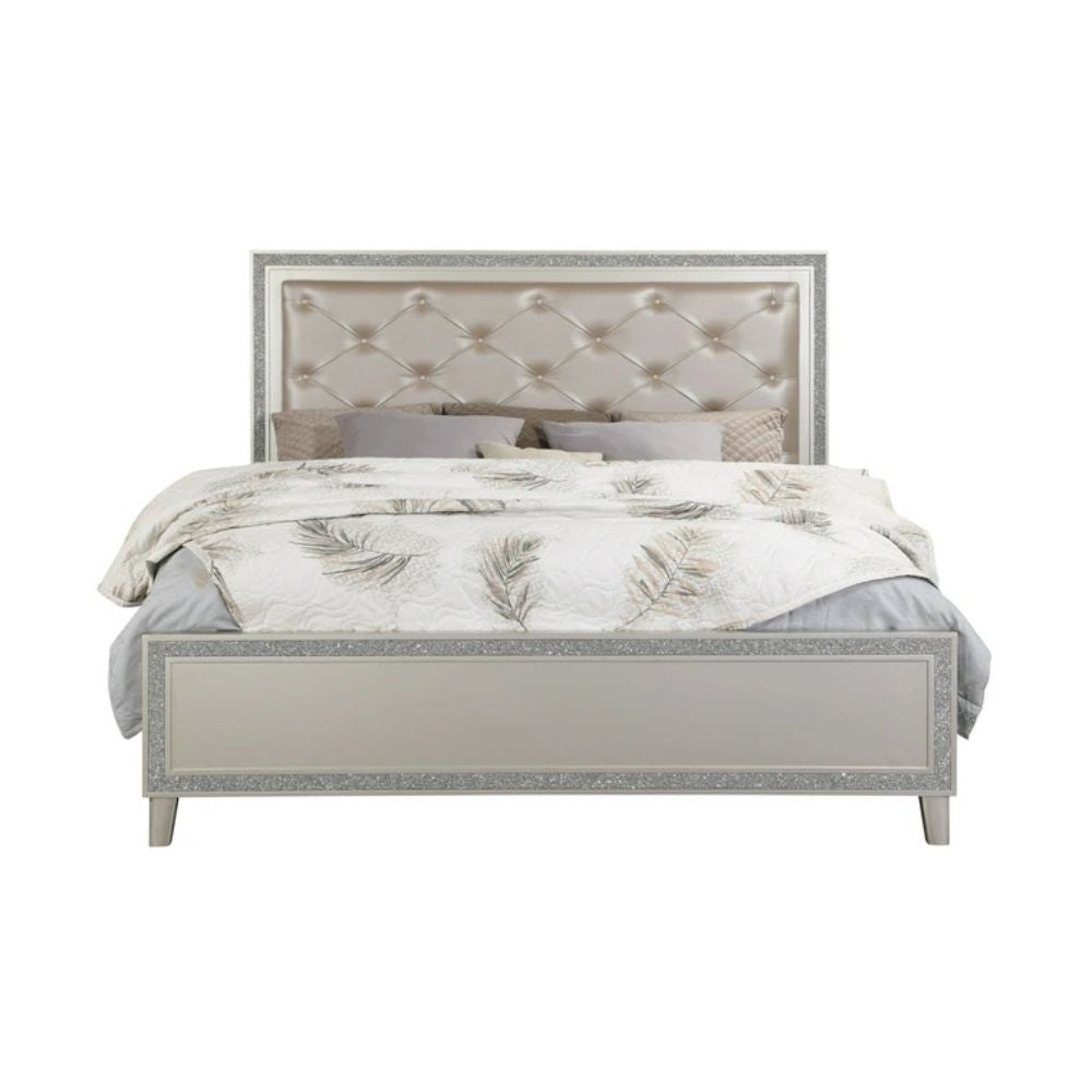 Sliverfluff Eastern King Bed w/LED, Synthetic Leather & Champagne Finish