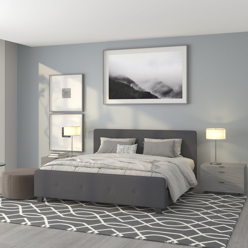 Tribeca King Size Tufted Upholstered Platform Bed in Dark Grey Fabric