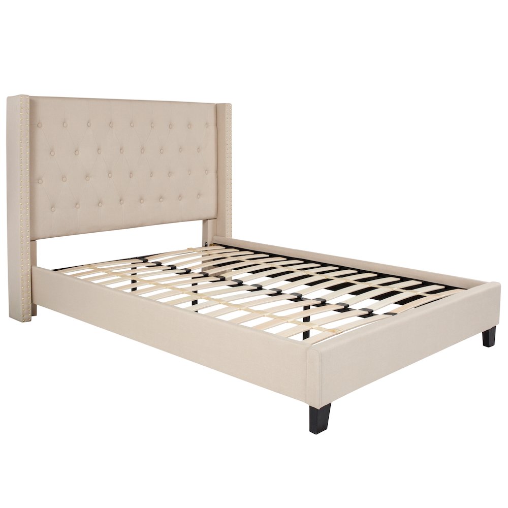 Sanji  Aurora Full Size Upholstered Platform Bed in Beige Fabric  Tufted Headboard, Slatted Base