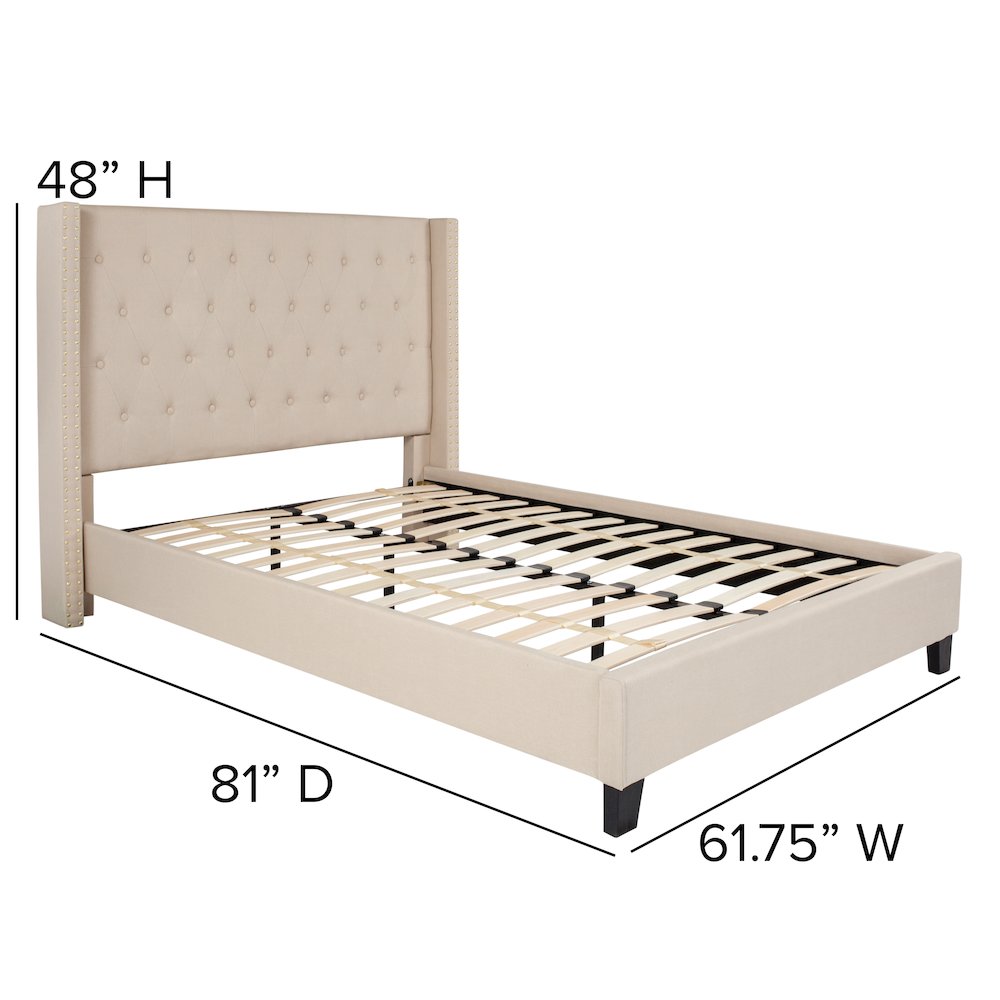 Sanji  Aurora Full Size Upholstered Platform Bed in Beige Fabric  Tufted Headboard, Slatted Base