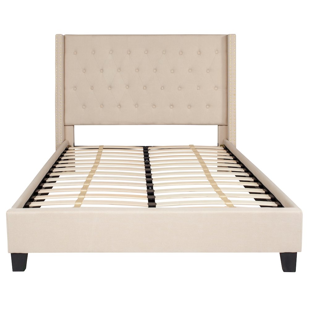 Sanji  Aurora Full Size Upholstered Platform Bed in Beige Fabric  Tufted Headboard, Slatted Base