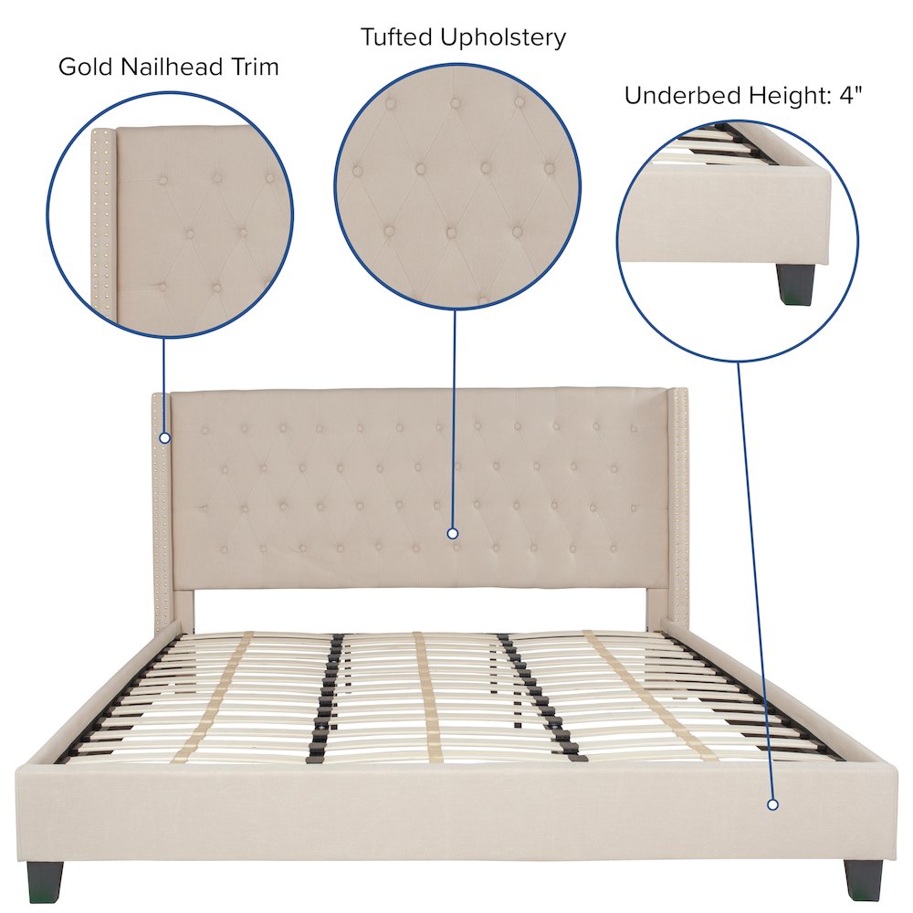 Riverdale King Size Tufted Upholstered Platform Bed in Beige Fabric