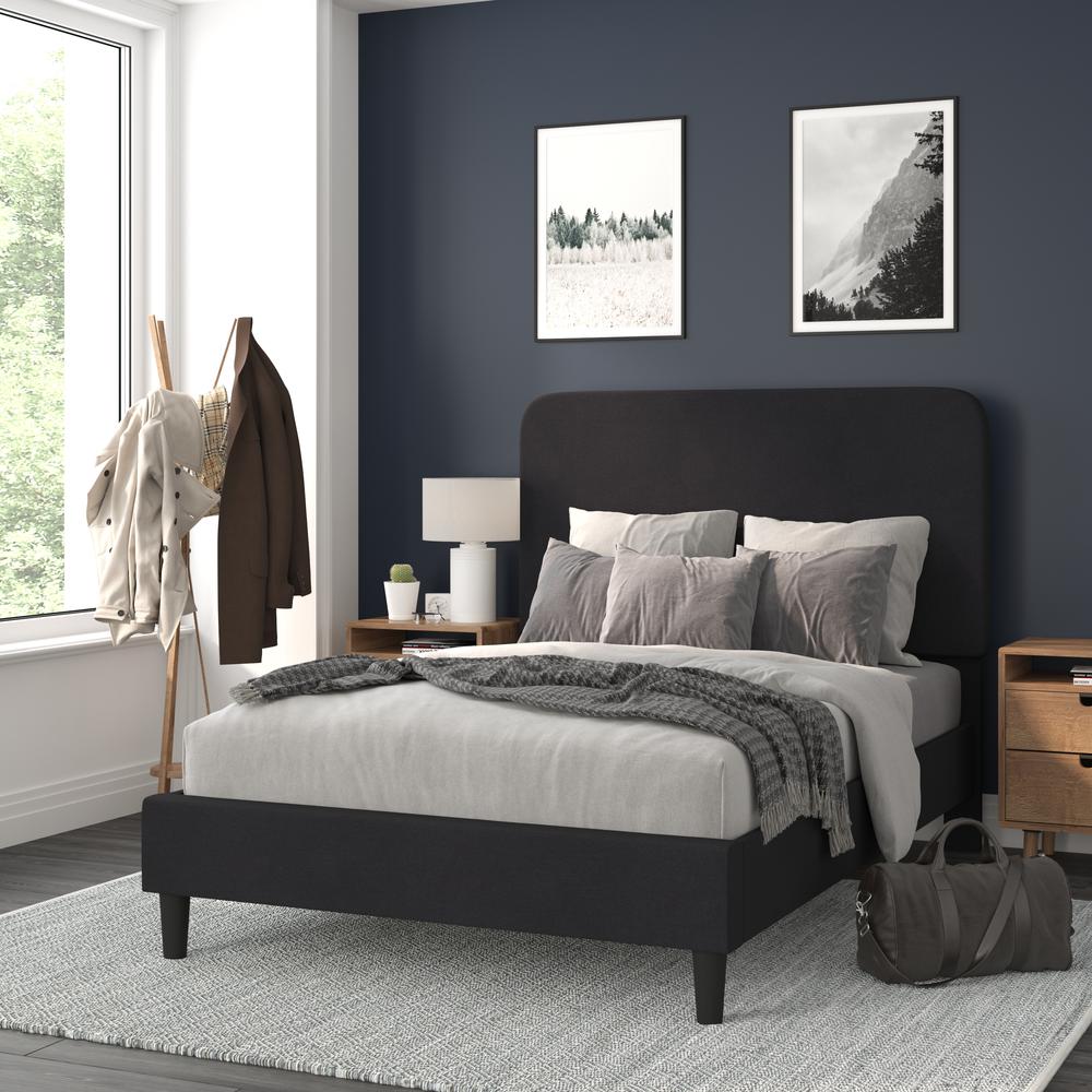 Charcoal Full Fabric Upholstered Platform Bed - Headboard with Rounded Edges