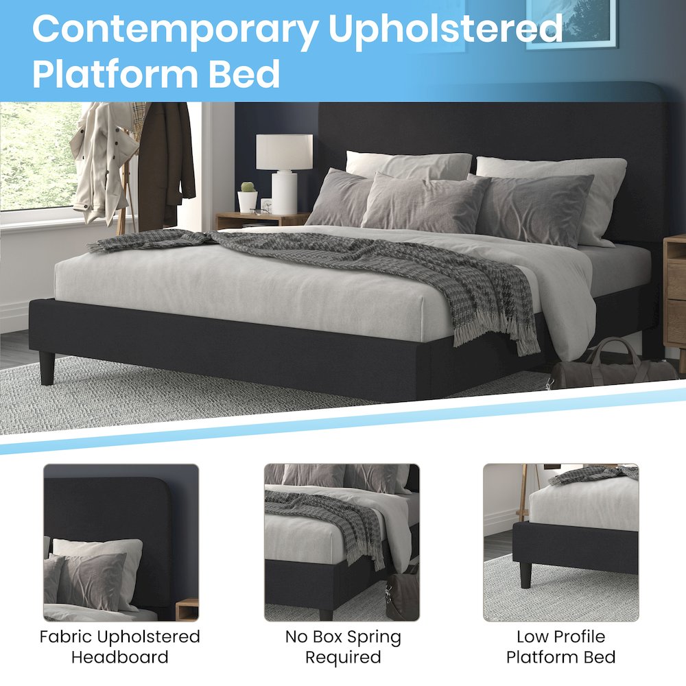 Addison Charcoal King Fabric Upholstered Platform Bed - Headboard with Rounded Edges - No Box Spring or Foundation Needed