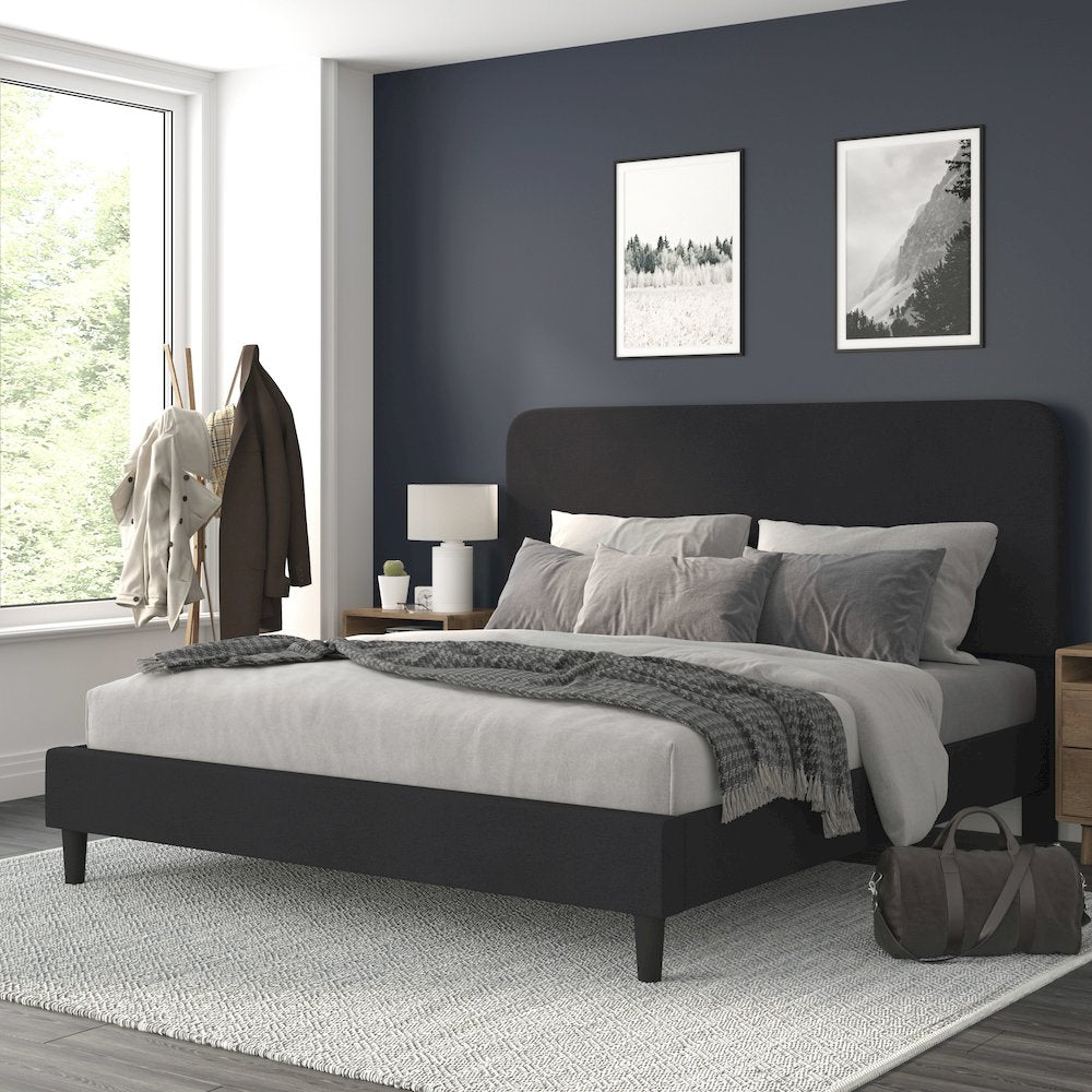 Addison Charcoal King Fabric Upholstered Platform Bed - Headboard with Rounded Edges - No Box Spring or Foundation Needed