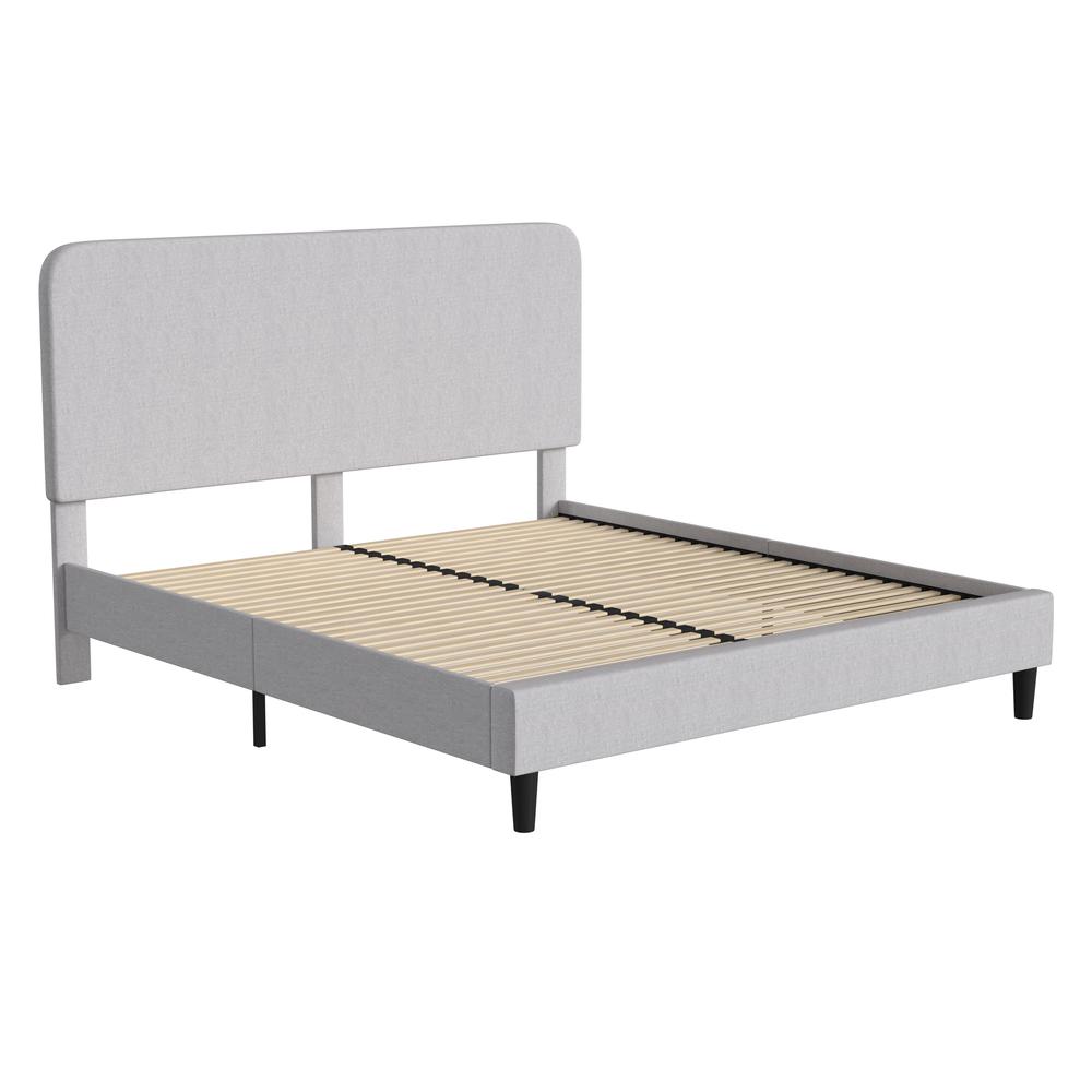 Light Grey King Fabric Upholstered Platform Bed - Headboard with Rounded Edges