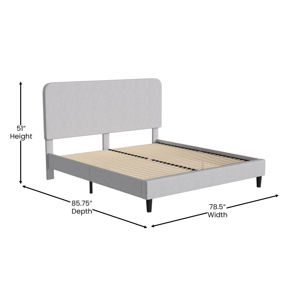 Light Grey King Fabric Upholstered Platform Bed - Headboard with Rounded Edges