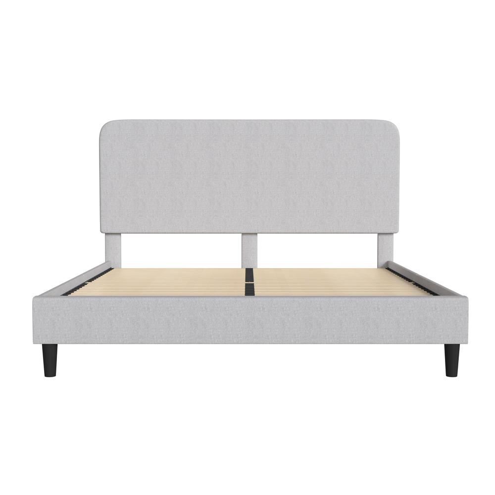 Light Grey King Fabric Upholstered Platform Bed - Headboard with Rounded Edges