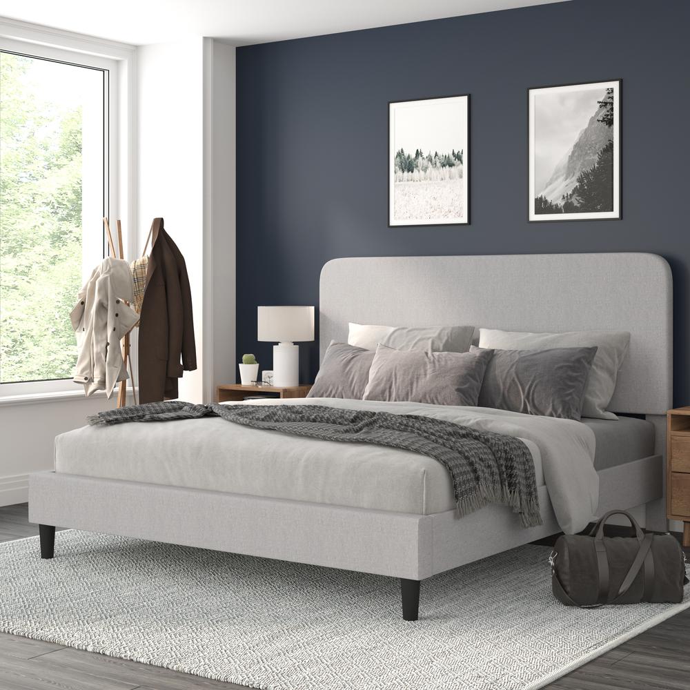 Light Grey King Fabric Upholstered Platform Bed - Headboard with Rounded Edges