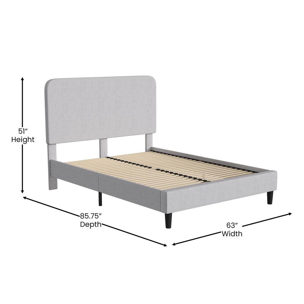 Light Grey Queen Fabric Upholstered Platform Bed - Headboard with Rounded Edges