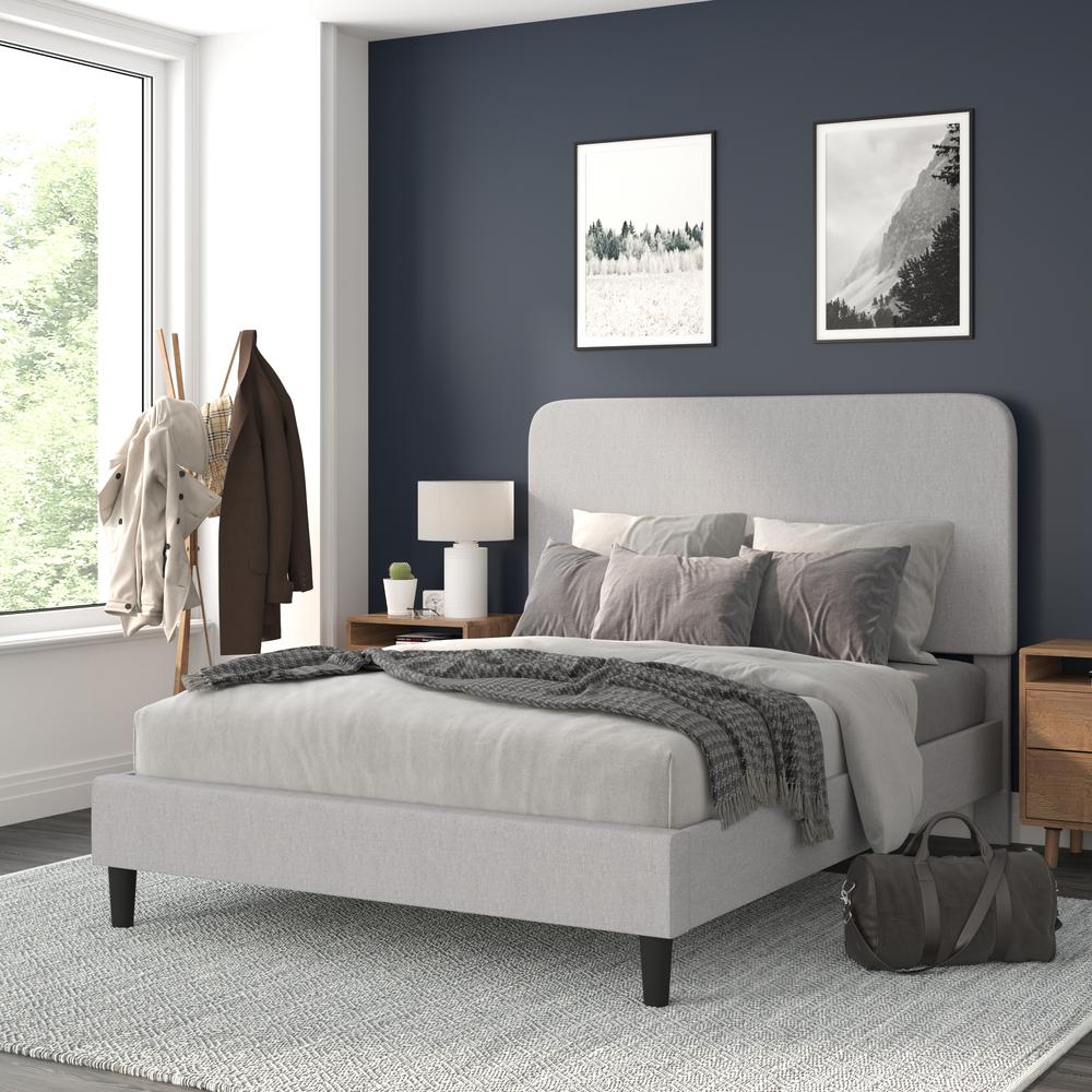 Light Grey Queen Fabric Upholstered Platform Bed - Headboard with Rounded Edges