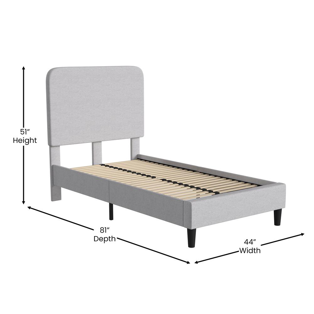 Light Grey Twin Fabric Upholstered Platform Bed - Headboard with Rounded Edges