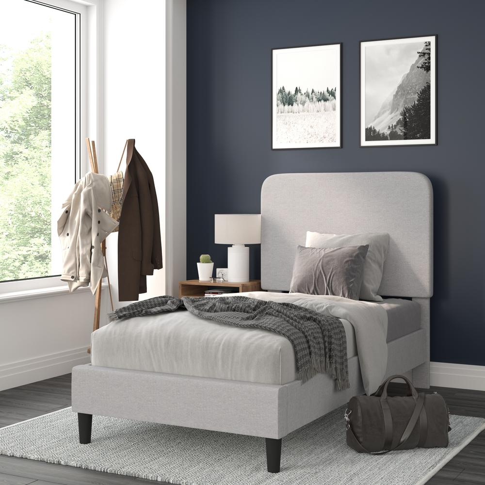 Light Grey Twin Fabric Upholstered Platform Bed - Headboard with Rounded Edges