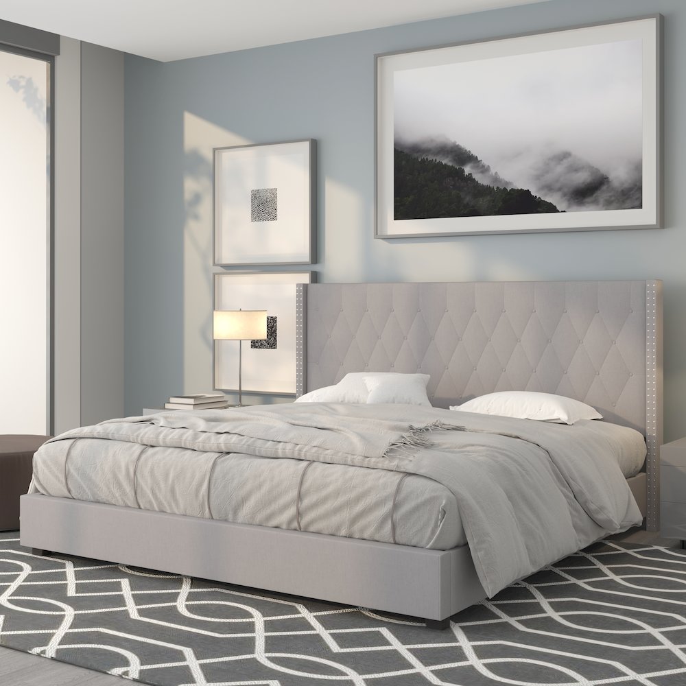 Riverdale King Size Tufted Upholstered Platform Bed in Light Grey Fabric