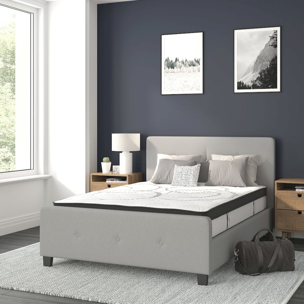 Tribeca Full Size Tufted Upholstered Platform Bed in Light Gray Fabric with 10 Inch CertiPUR-US Certified Pocket Spring Mattress