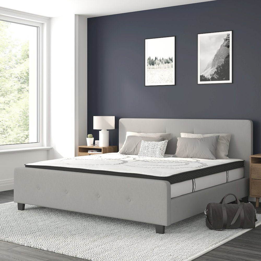 Tribeca King Size Tufted Upholstered Platform Bed in Light Gray Fabric with 10 Inch CertiPUR-US Certified Pocket Spring Mattress