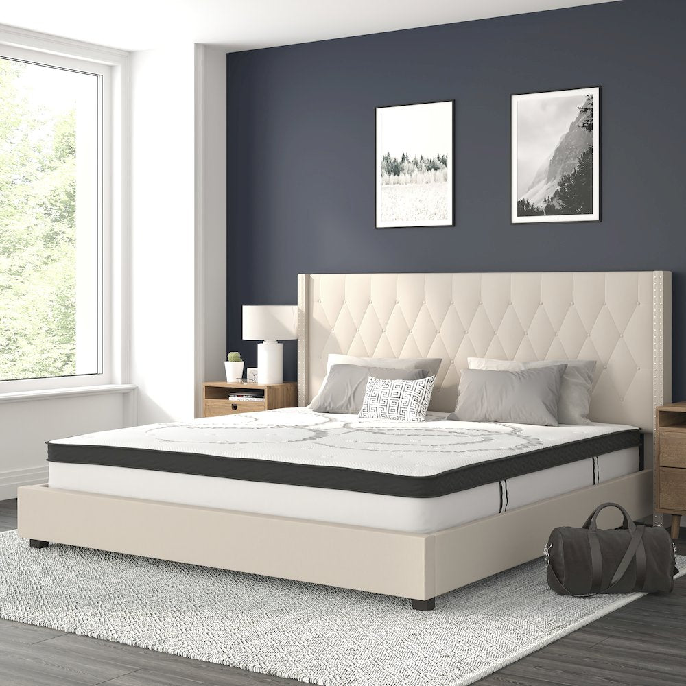 Riverdale King Size Tufted Upholstered Platform Bed in Beige Fabric with 10 Inch CertiPUR-US Certified Pocket Spring Mattress