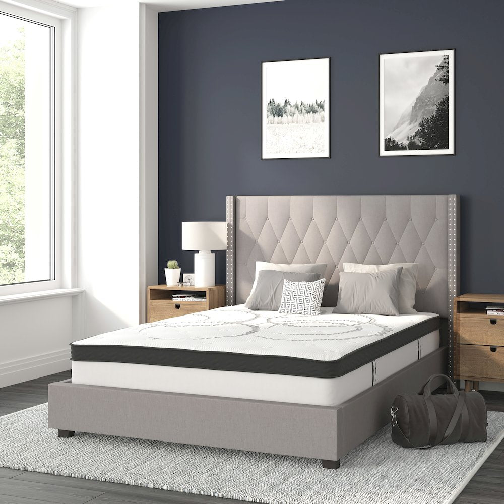 Riverdale Full Size Tufted Upholstered Platform Bed in Light Gray Fabric with 10 Inch CertiPUR-US Certified Pocket Spring Mattress