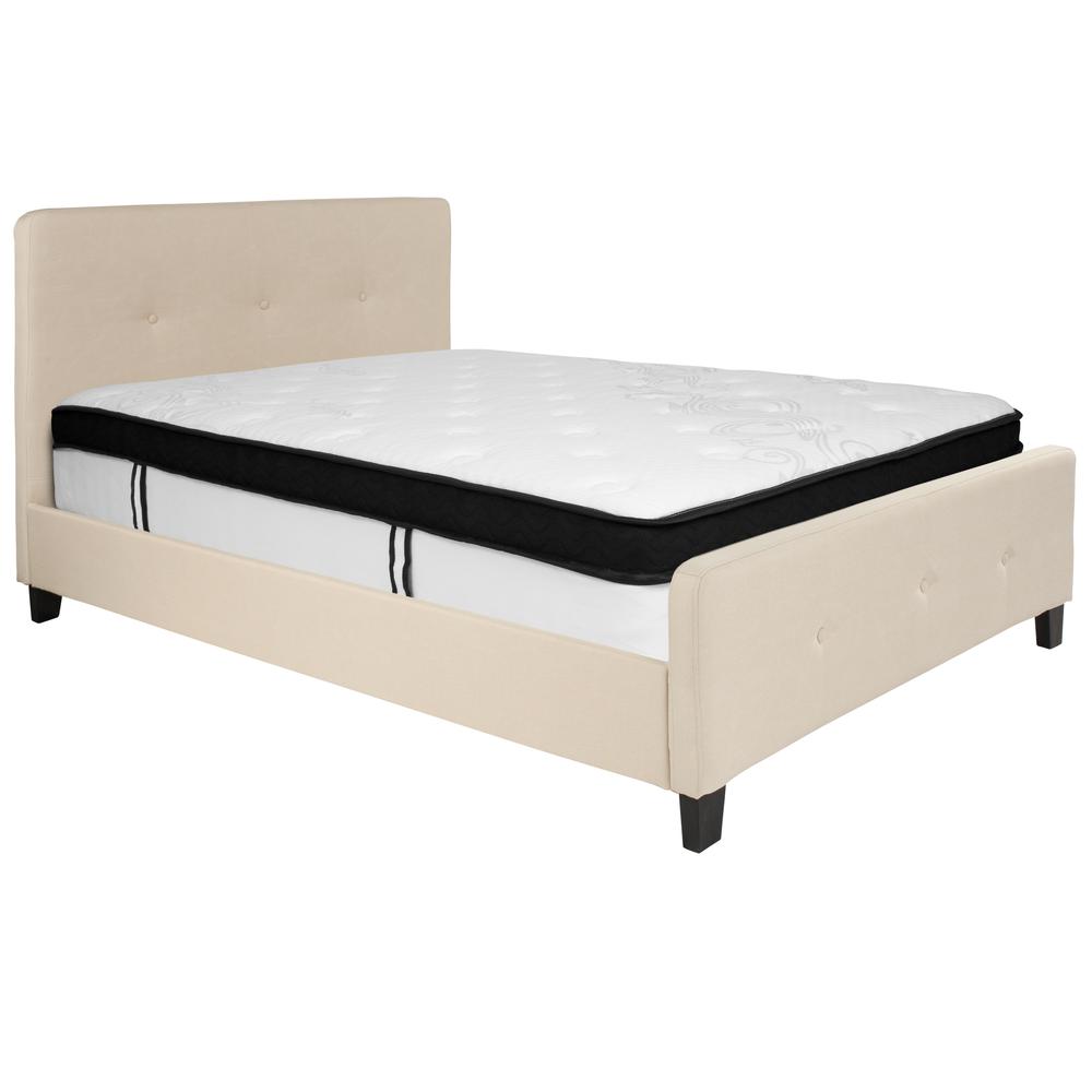 Keri Full Size Platform Bed in Beige Fabric with Memory Foam Mattress