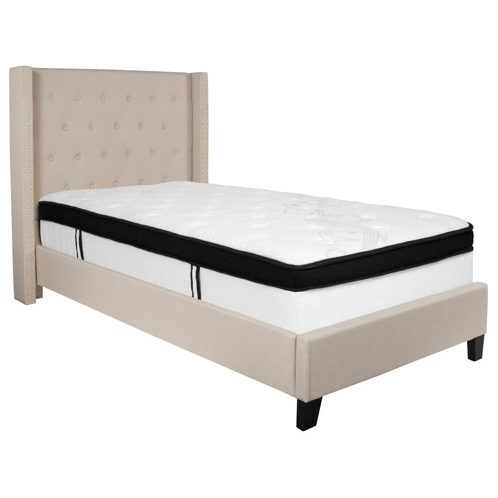 Barbara Twin Size Platform Bed in Light Grey Fabric with Memory Foam Mattress