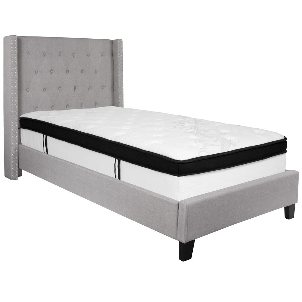 Barbara Twin Size Platform Bed in Light Grey Fabric with Memory Foam Mattress