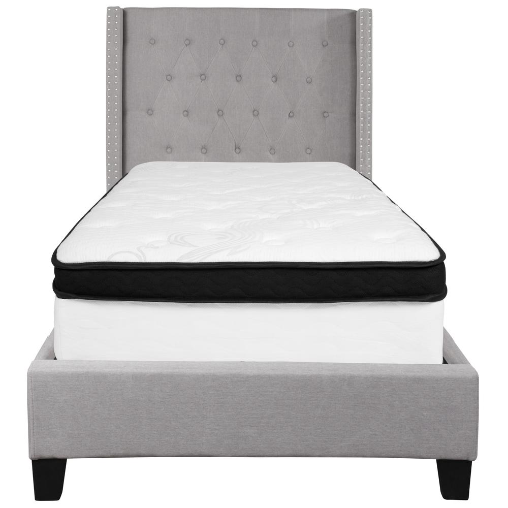 Barbara Twin Size Platform Bed in Light Grey Fabric with Memory Foam Mattress