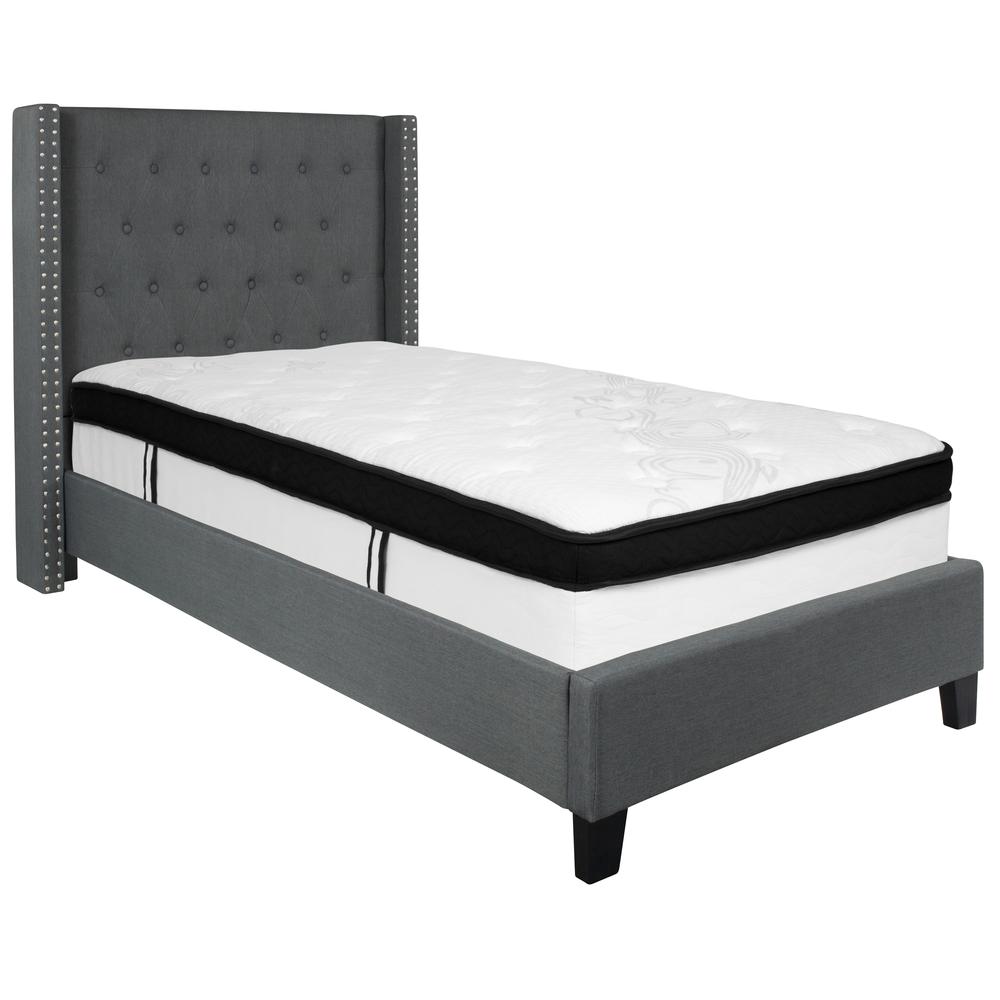 Barbara Twin Size Platform Bed in Light Grey Fabric with Memory Foam Mattress