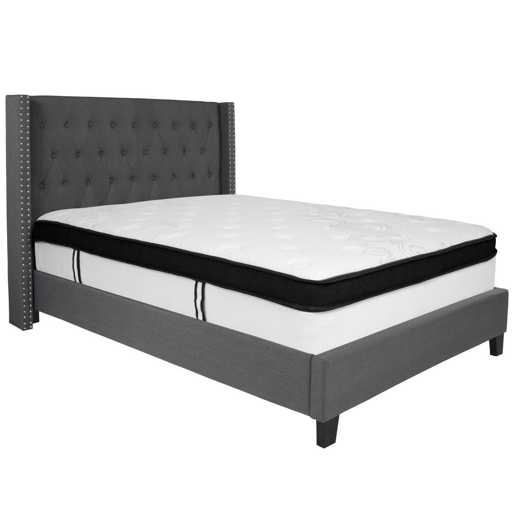 Yuki Barbara Full Size Platform Bed in Beige Fabric with Memory Foam Mattress