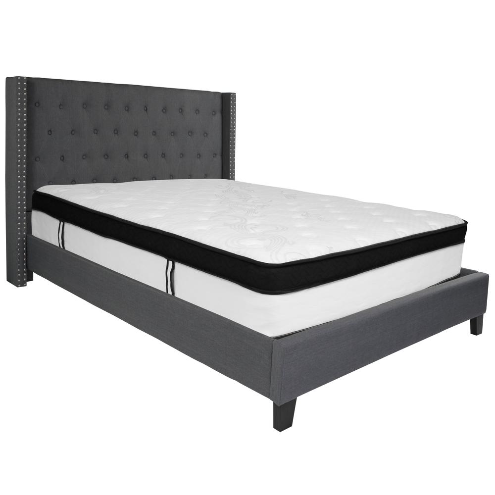 Barbara Queen Size Platform Bed in Dark Grey Fabric with Memory Foam Mattress