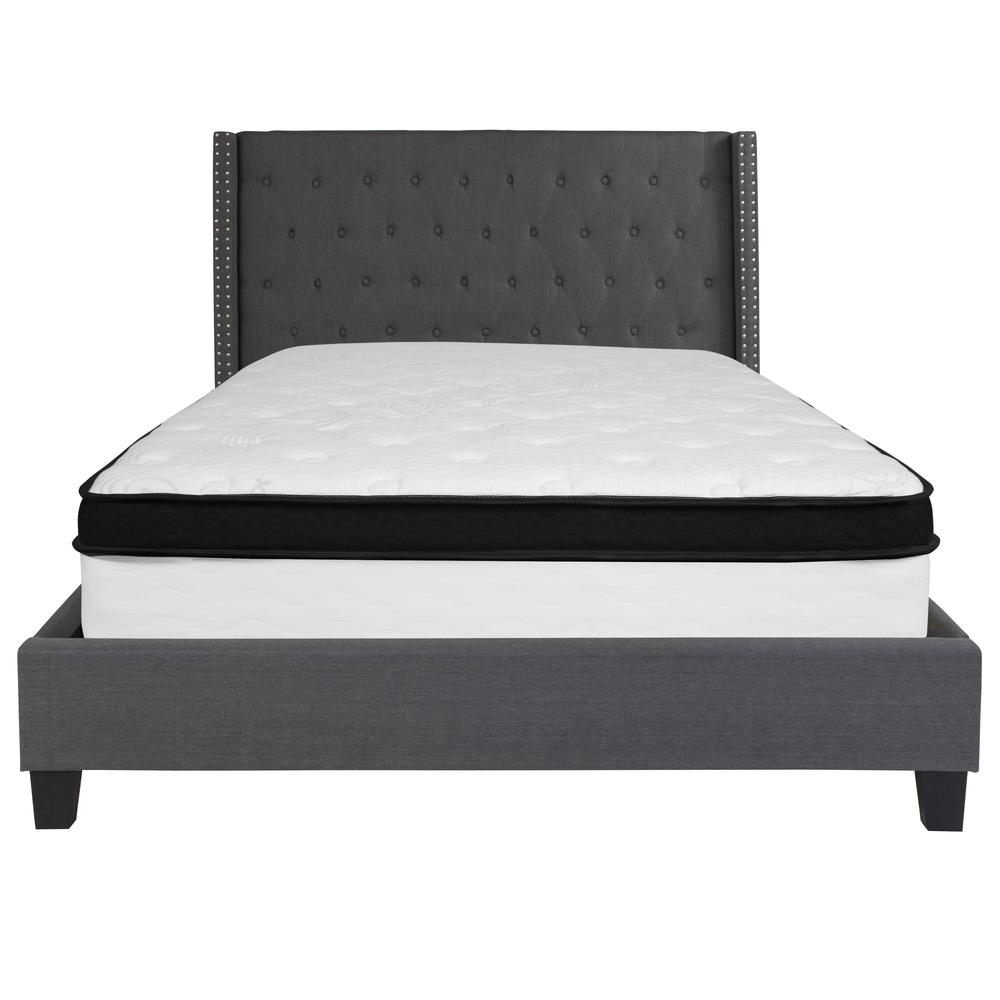 Barbara Queen Size Platform Bed in Dark Grey Fabric with Memory Foam Mattress