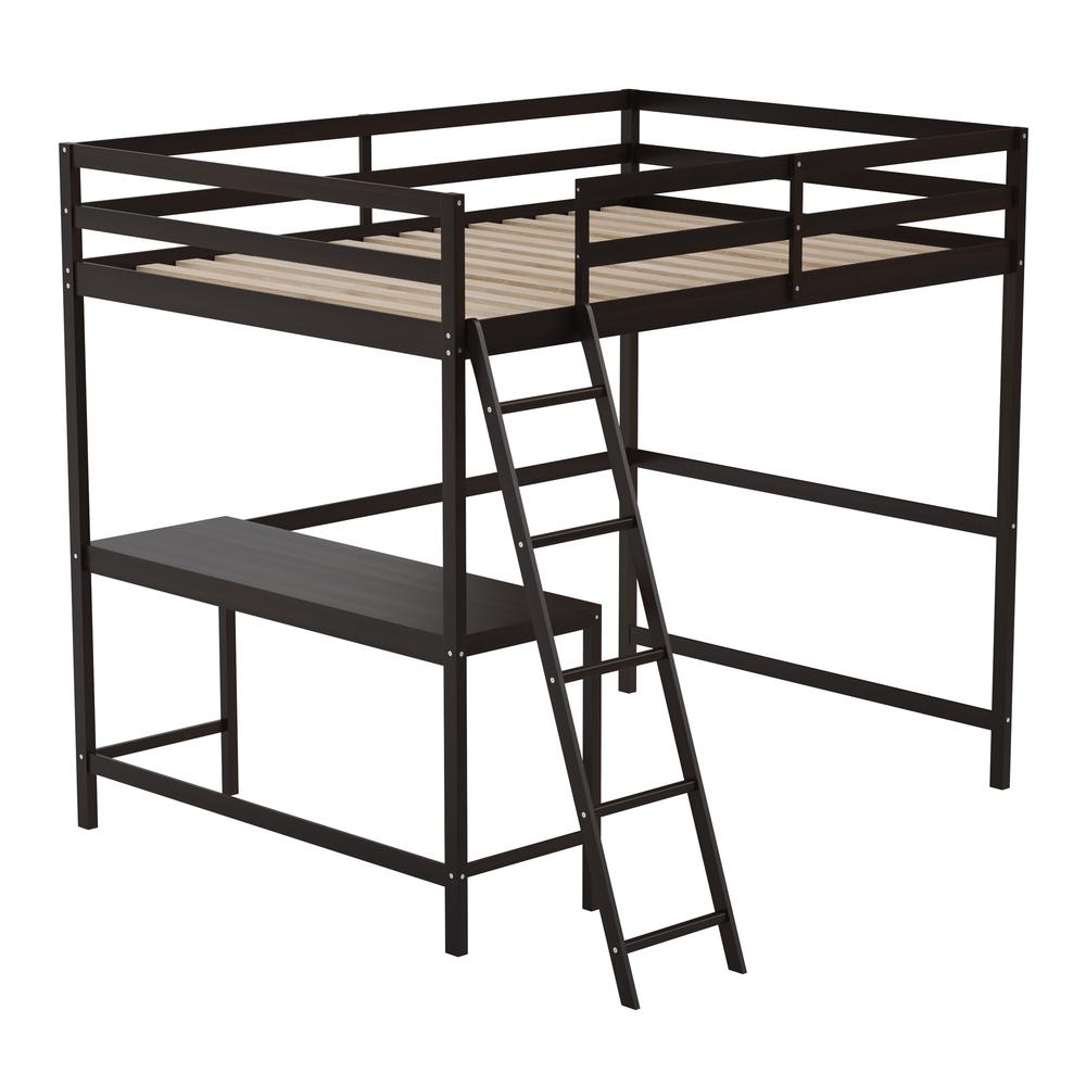 Loft Bed Frame with Desk, Full Size with Protective Guard Rails - Espresso