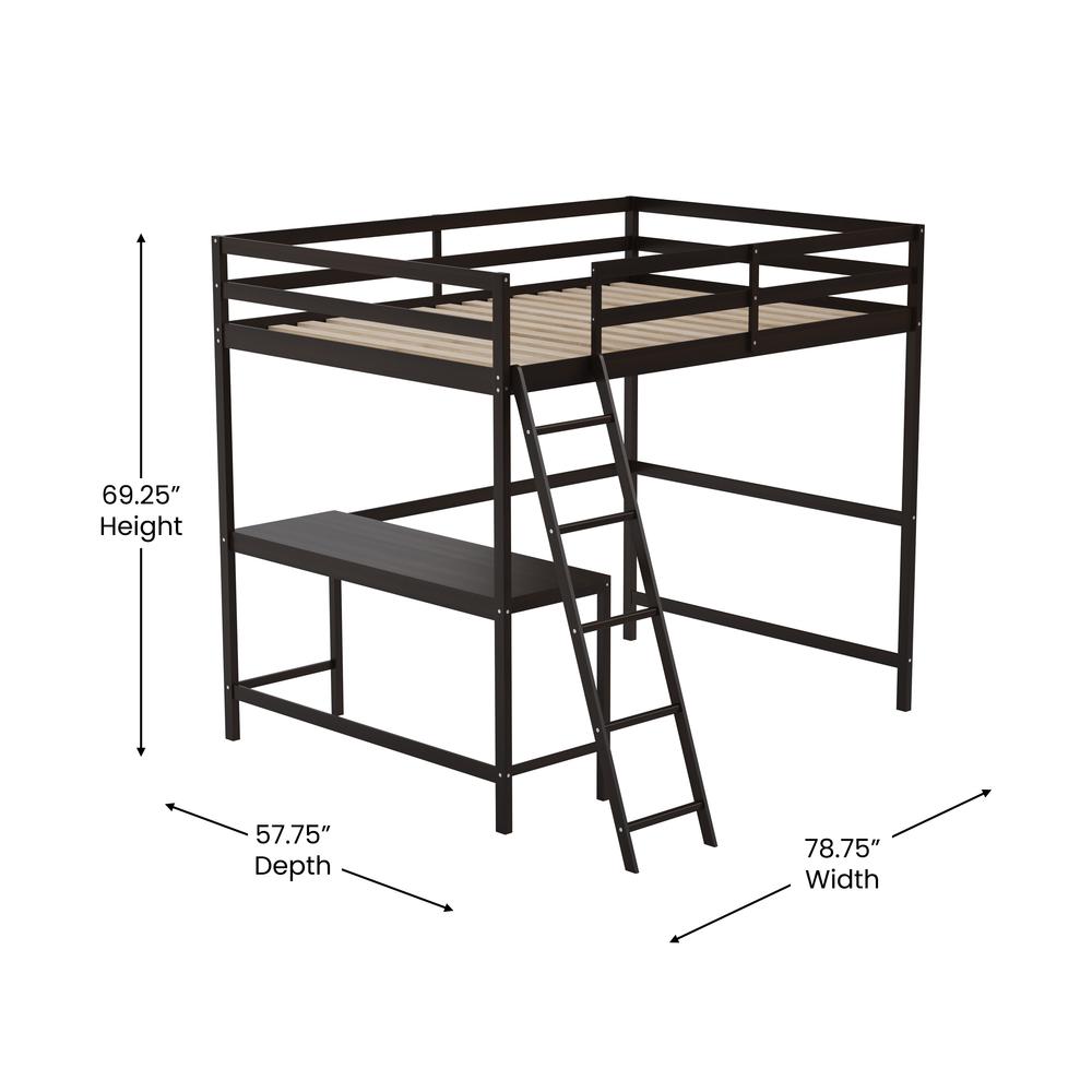 Loft Bed Frame with Desk, Full Size with Protective Guard Rails - Espresso