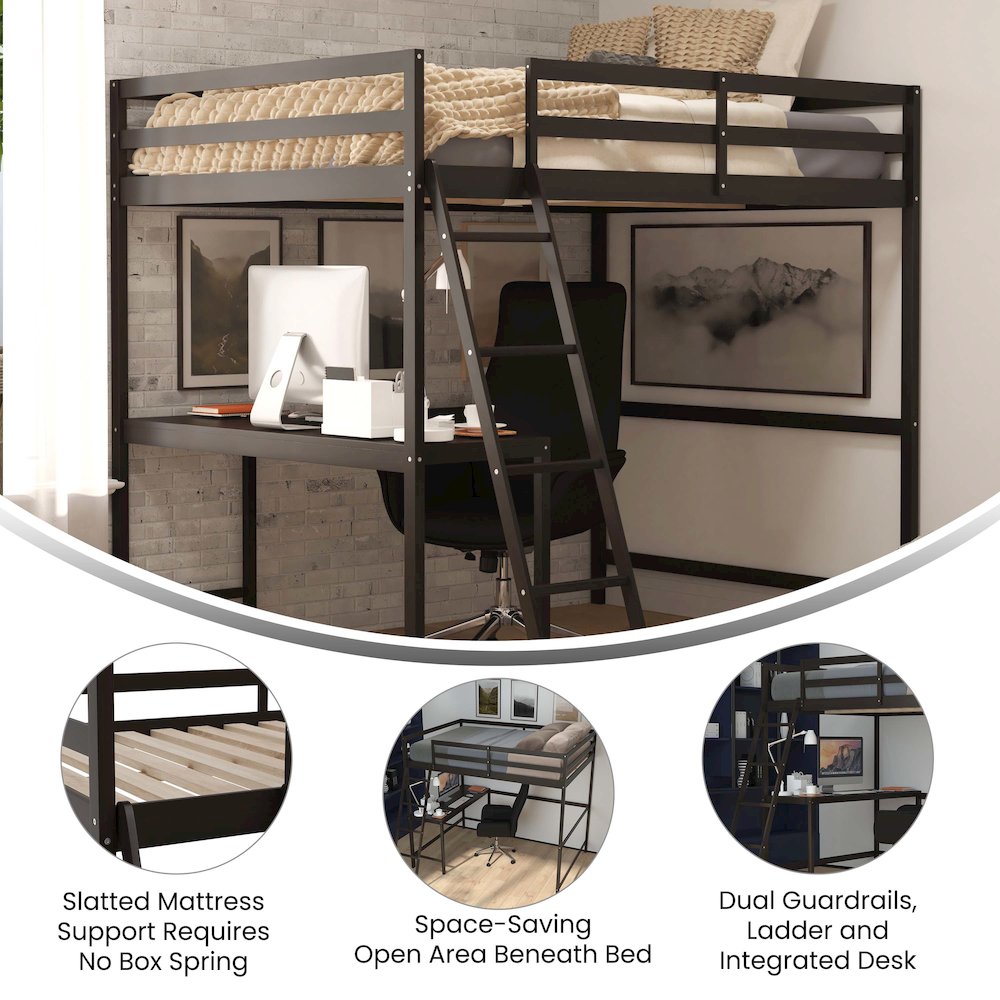Loft Bed Frame with Desk, Full Size with Protective Guard Rails - Espresso