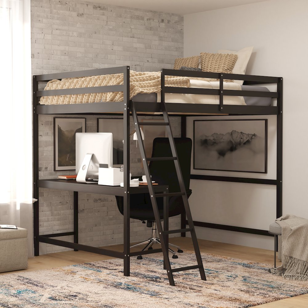 Loft Bed Frame with Desk, Full Size with Protective Guard Rails - Espresso