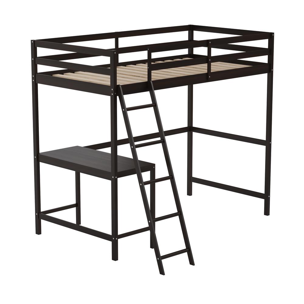 Loft Bed Frame with Desk, Twin Size with Protective Guard Rails - Espresso