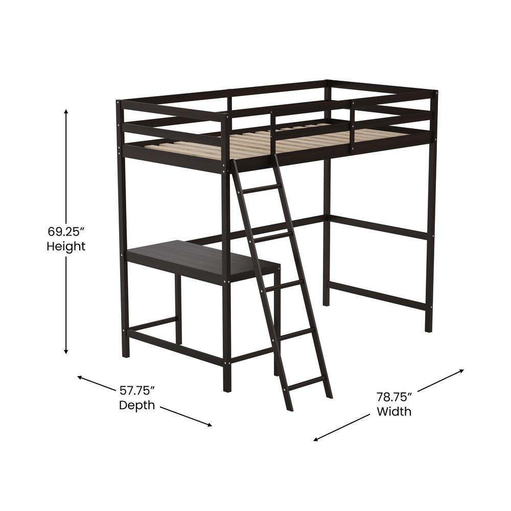 Loft Bed Frame with Desk, Twin Size with Protective Guard Rails - Espresso