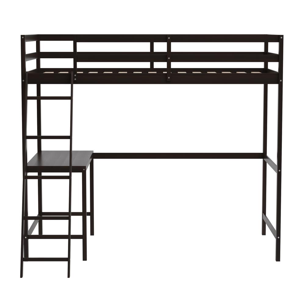 Loft Bed Frame with Desk, Twin Size with Protective Guard Rails - Espresso