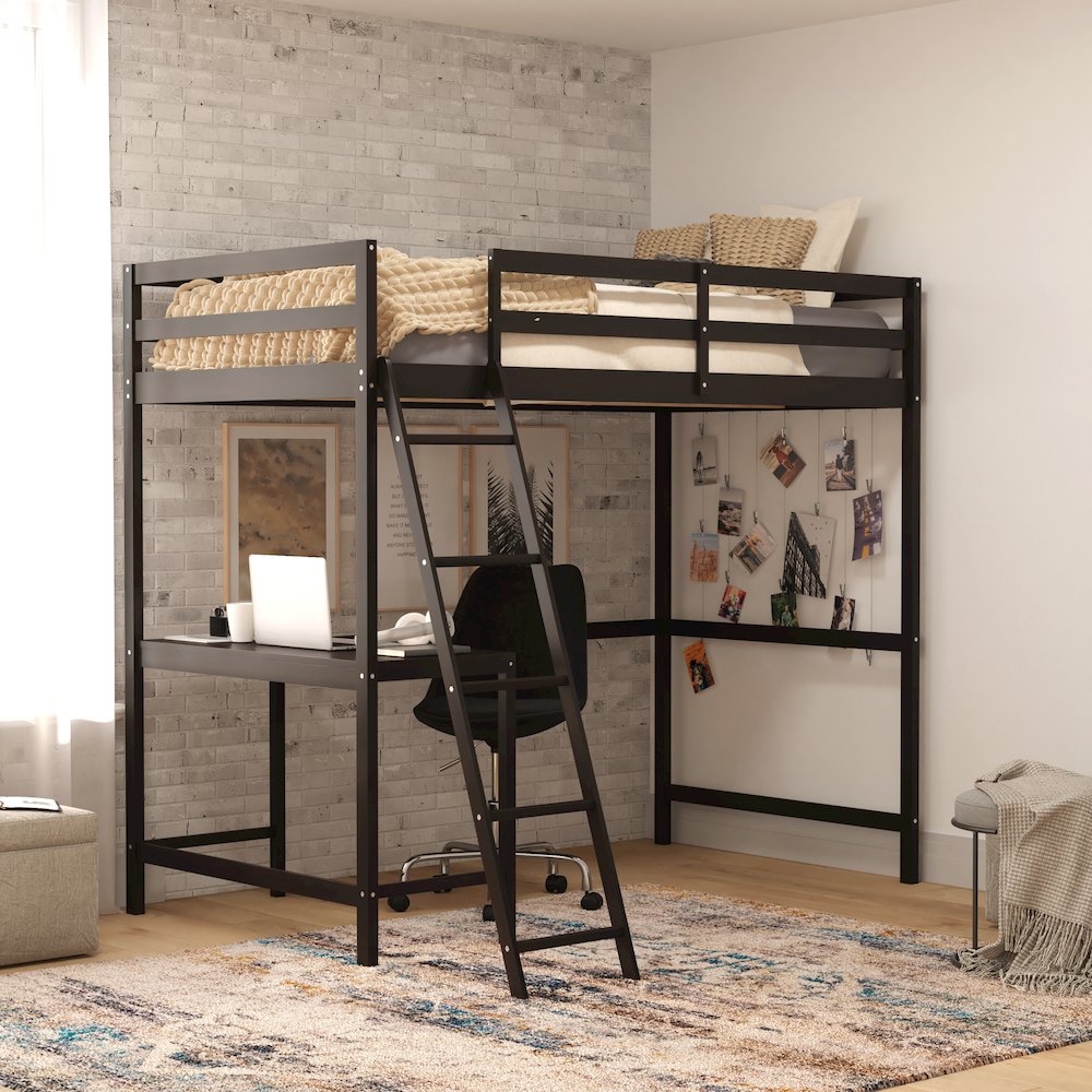 Loft Bed Frame with Desk, Twin Size with Protective Guard Rails - Espresso