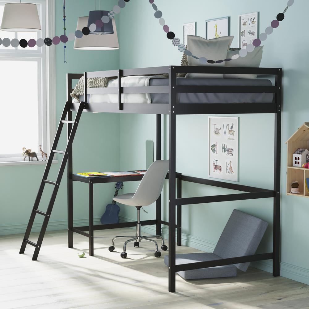 Loft Bed Frame with Desk, Twin Size with Protective Guard Rails - Espresso