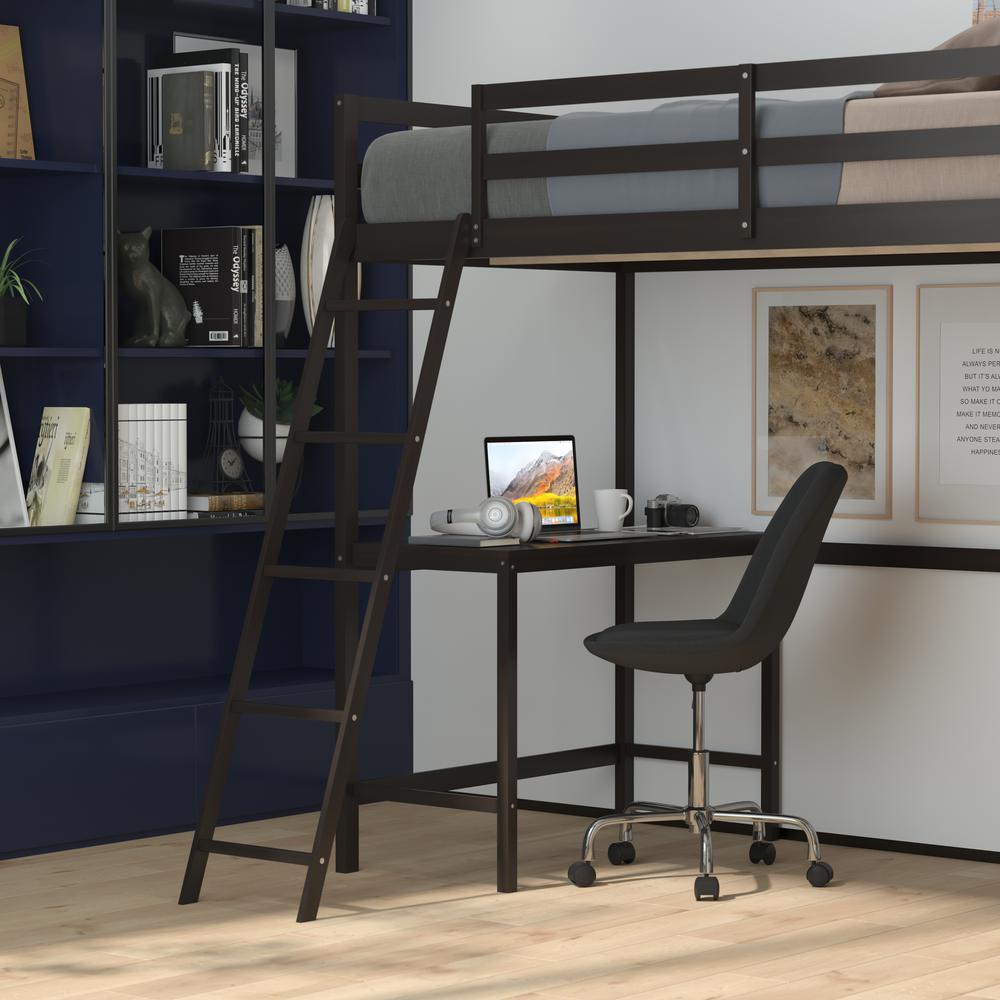 Loft Bed Frame with Desk, Twin Size with Protective Guard Rails - Espresso