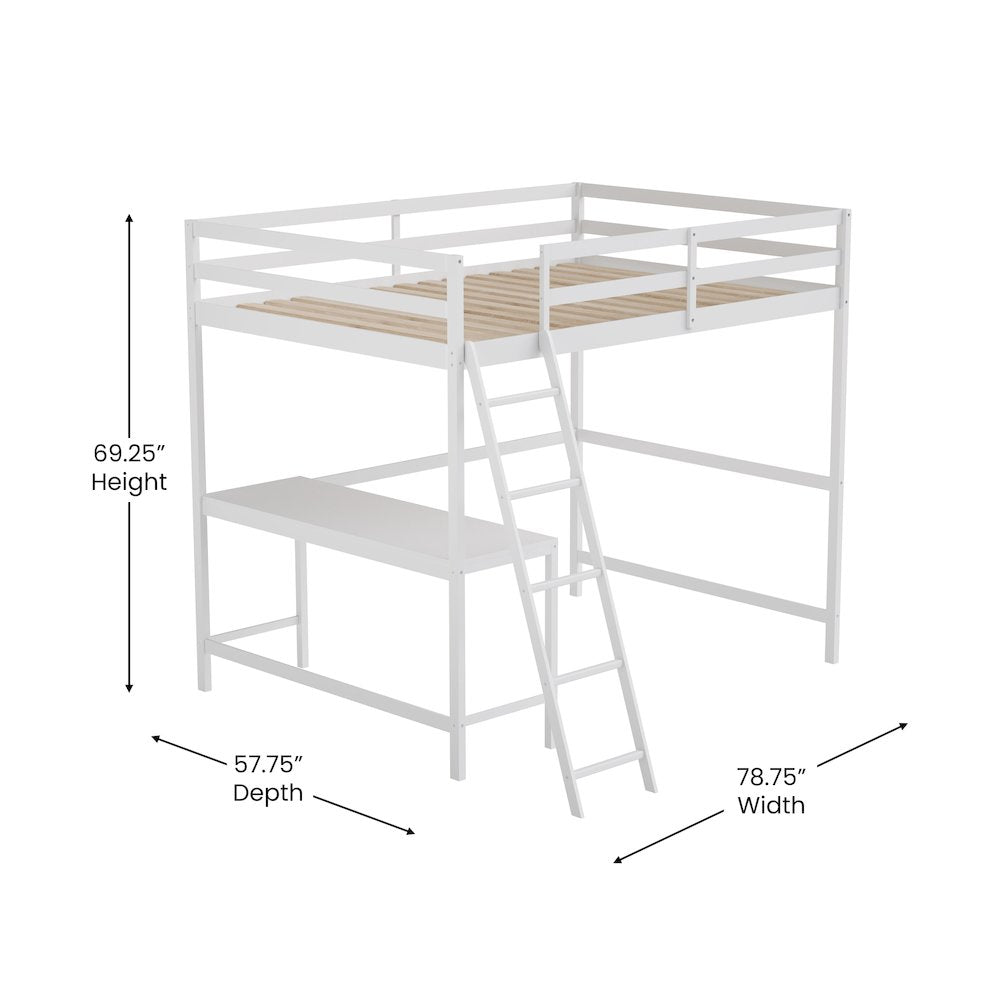 Riley Loft Bed Frame with Desk, Full Size Wooden Bed Frame