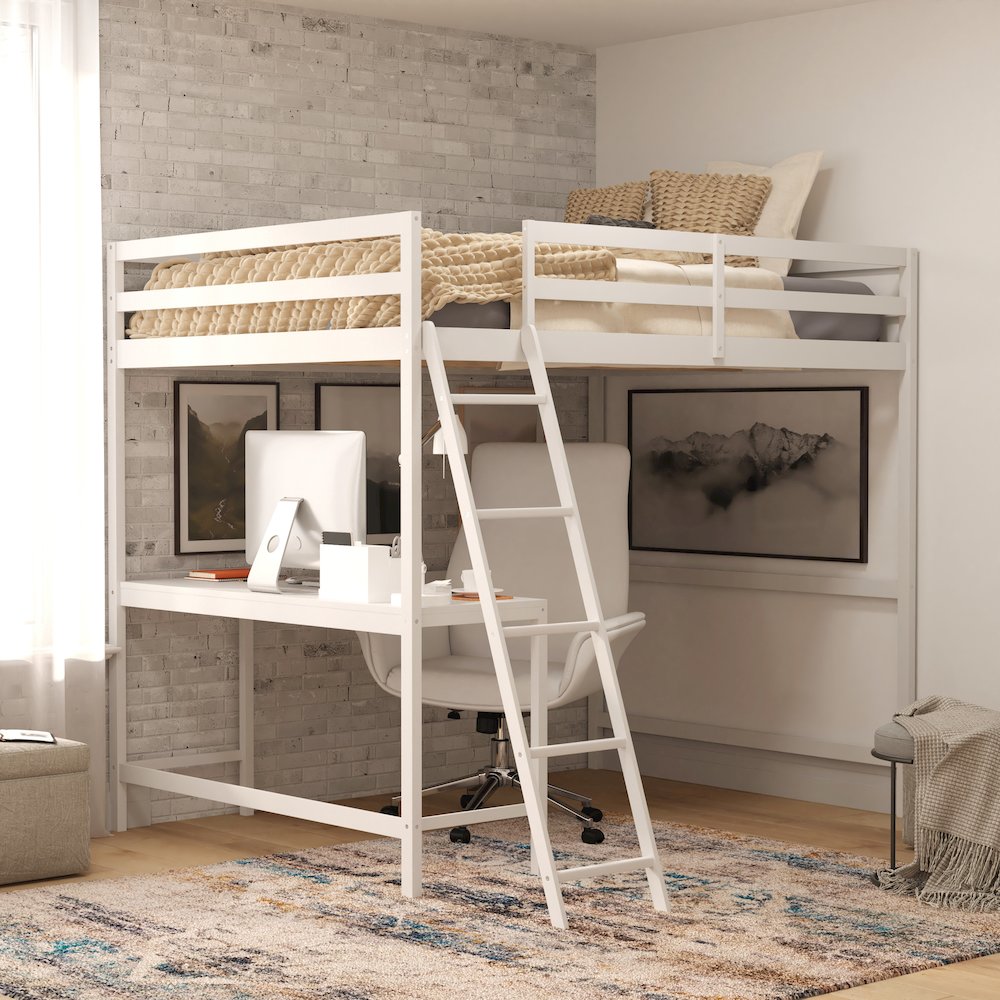 Riley Loft Bed Frame with Desk, Full Size Wooden Bed Frame