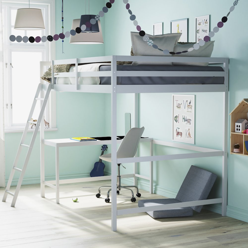Riley Loft Bed Frame with Desk, Full Size Wooden Bed Frame