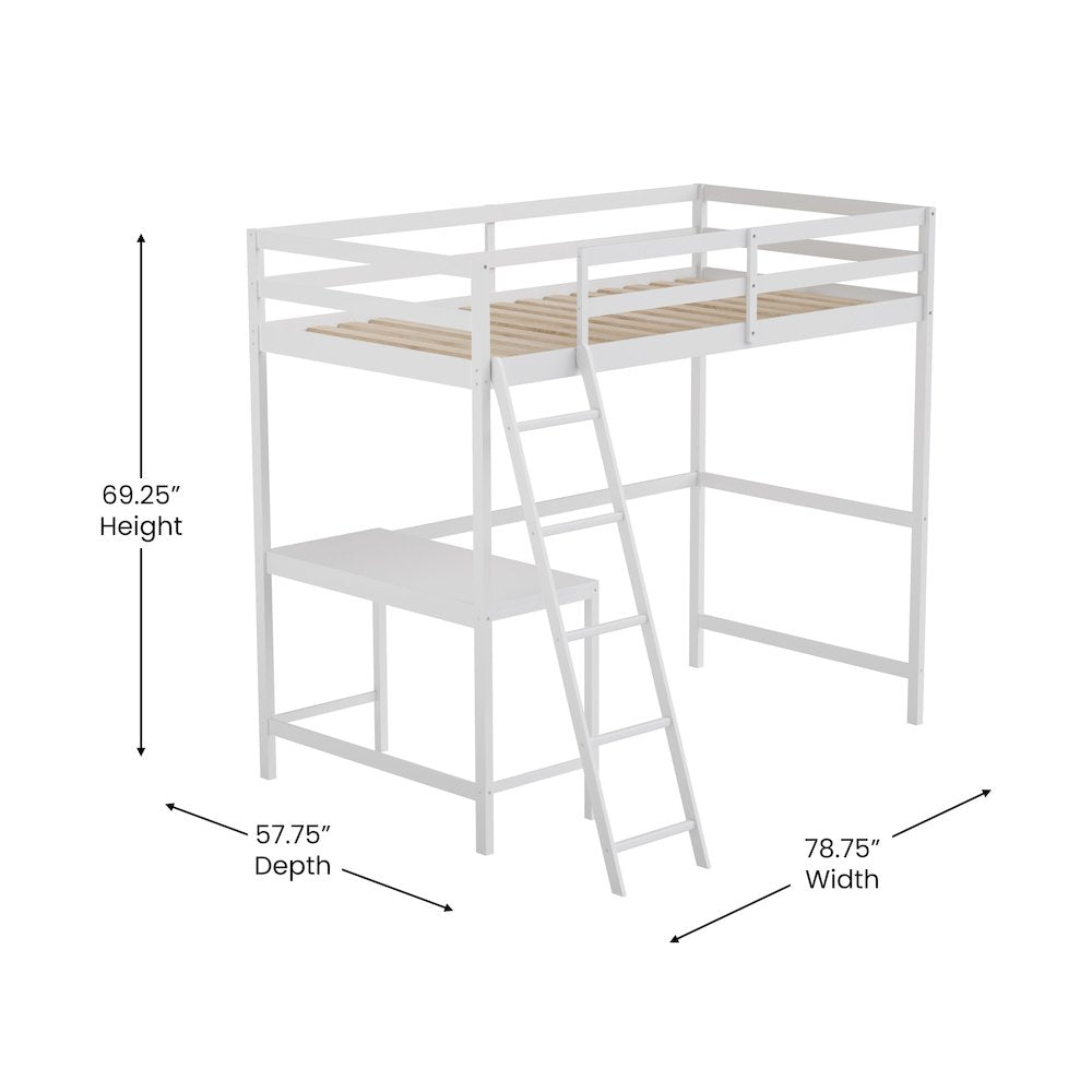 Riley Loft Bed Frame with Desk, Twin Size Wooden Bed Frame