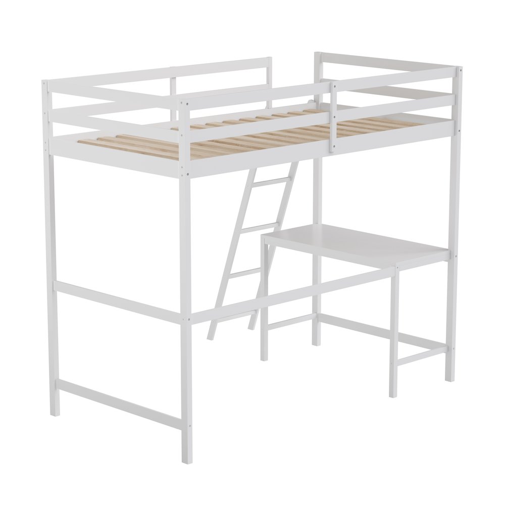 Riley Loft Bed Frame with Desk, Twin Size Wooden Bed Frame