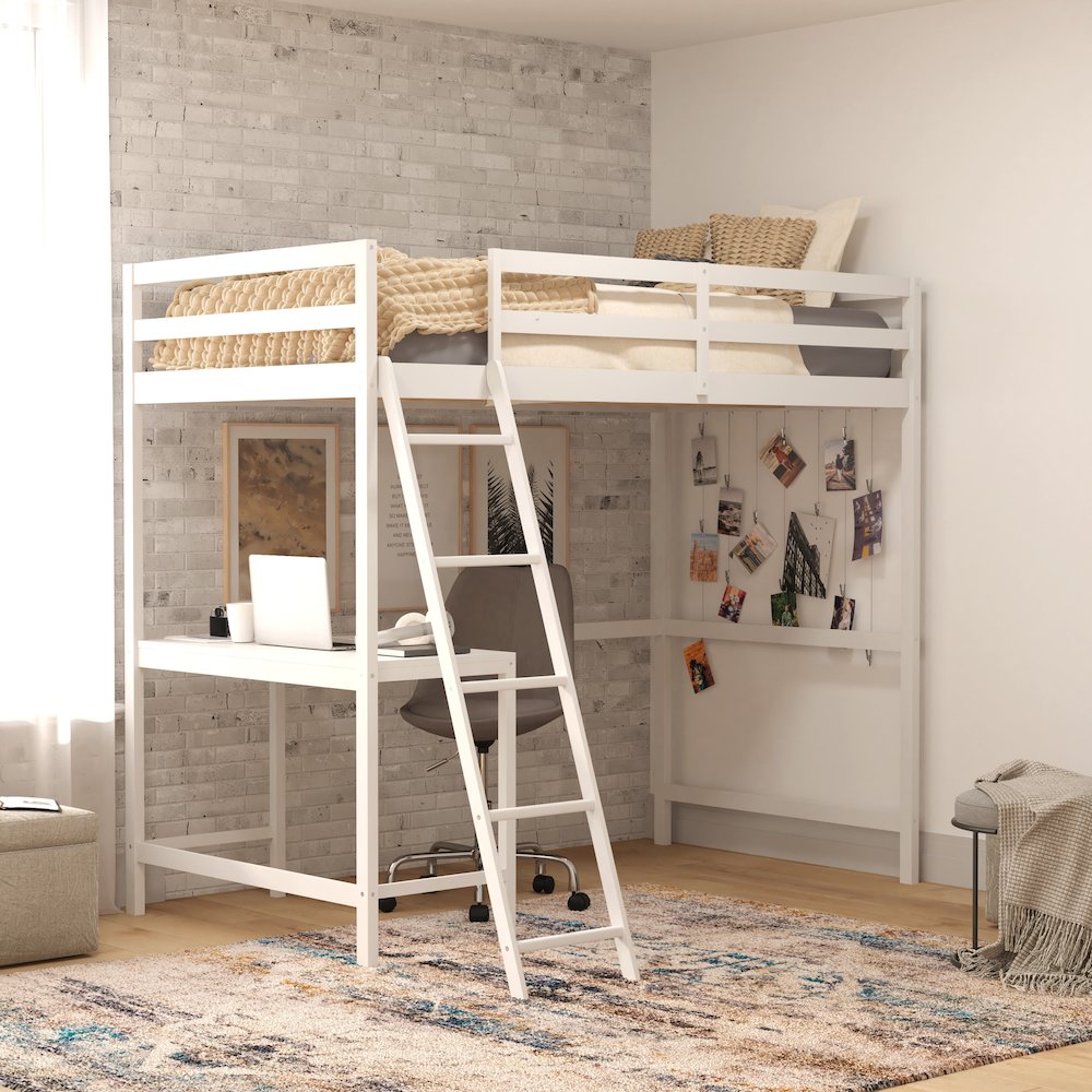 Riley Loft Bed Frame with Desk, Twin Size Wooden Bed Frame