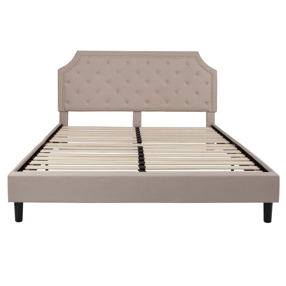 Marlin Elsa King Size Tufted Platform Bed in Beige  Upholstered Headboard, No Box Spring Needed