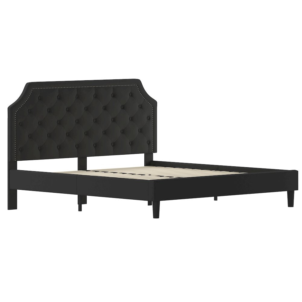 Marlin Elsa King Size Tufted Platform Bed in Black Upholstered Headboard, No Box Spring Needed